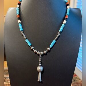 Southwest Sterling Silver Navajo Pearls Turquoise Squash Blossom Necklace